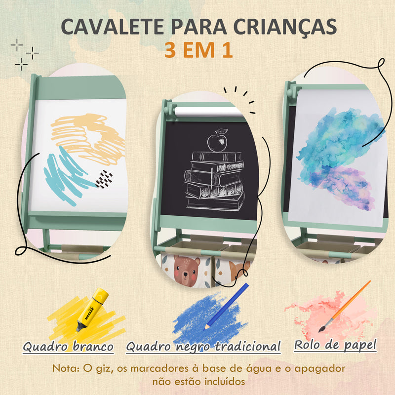 Cavalete para Crianças 3 em 1 Cavalete Infantil de Dupla Face Cavalete de Arte com Rolo de Papel Quadro e 2 Cestas de Armazenamento 54x46,5x93 cm Verde