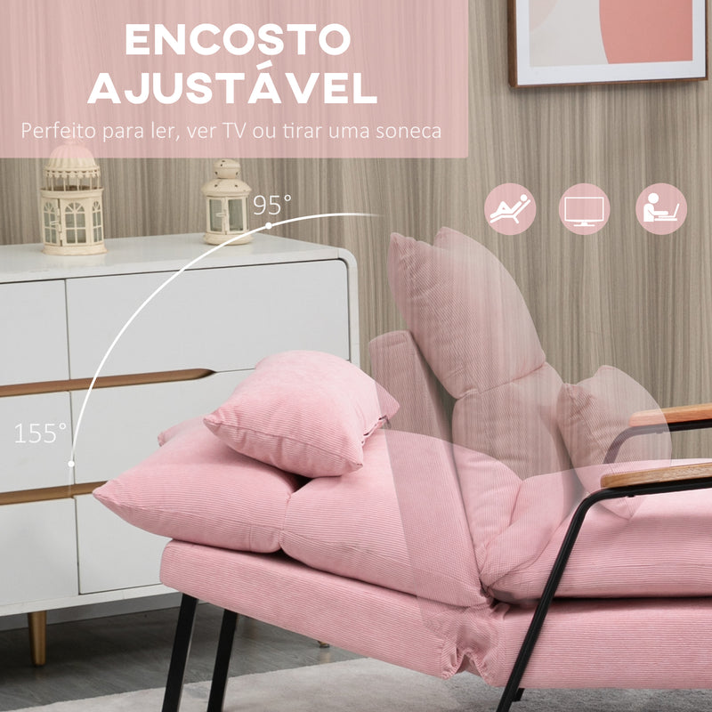 Poltrona Relax com Apoio para os Pés Poltrona Reclinável com Encosto Ajustável Estofada em Veludo Estrutura de Aço e Almofadas para Sala de Estar Dormitório 68x91,5x88cm Rosa