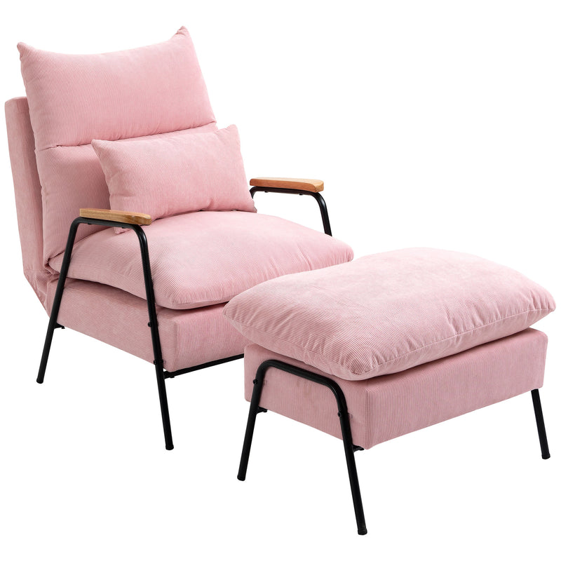 Poltrona Relax com Apoio para os Pés Poltrona Reclinável com Encosto Ajustável Estofada em Veludo Estrutura de Aço e Almofadas para Sala de Estar Dormitório 68x91,5x88cm Rosa