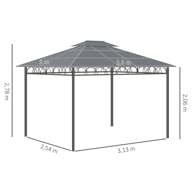 Pérgola de Jardim 3,6x3m Pérgola de Exterior com Teto Duplo de Policarbonato 4 Cortinas Laterais Mosquiteiras com Zíper e Estrutura de Alumínio para Pátio Festas Preto Cinza e Cáqui