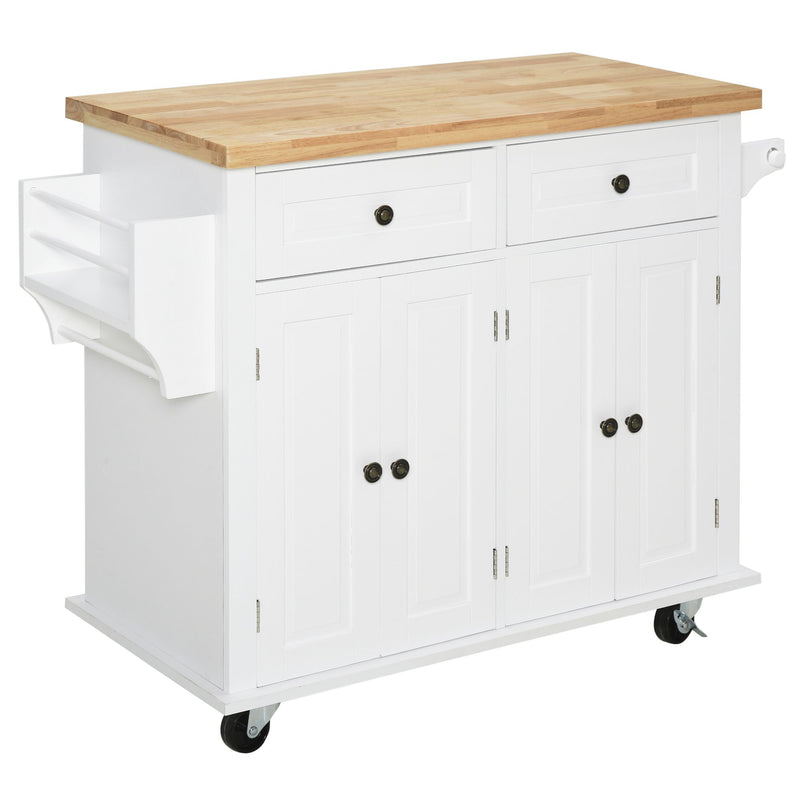 Ilha de Cozinha com Rodas Móvel Auxiliar de Cozinha com 2 Gavetas 4 Portas Suporte para Temperos e Barra Lateral 111x44,5x82,5cm Branco e Madeira