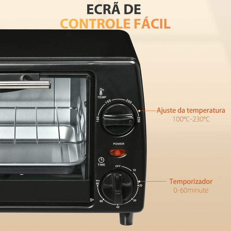 Mini Forno de Convecção 10 Litros 750W com Temperatura até 230 °C Temporizador 60 Minutos Bandeja e Grade 36,5x26x22cm Preto