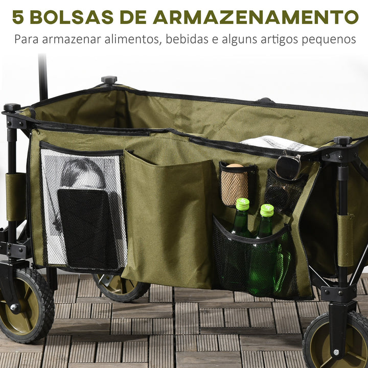 Carrinho Dobrável de com Rodas Carrinho para Praia com Guiador Telescópico Bancada Dobrável 5 Bolsas de Armazenamento Estrutura de Aço e Tecido de Oxford 108x55x93cm Verde Escuro