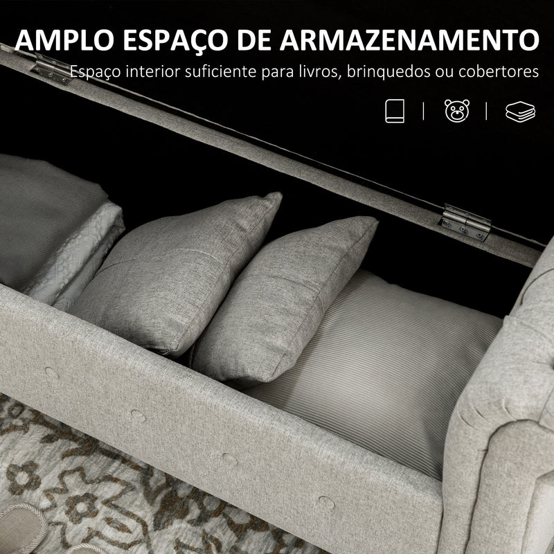 Banco de Pé de Cama Banco de Armazenamento de Linho com Dobradiças na Tampa Pés de Madeira e Apoio para os Braços para Dormitórios Sala de Estar Corredor Carga 150kg 146,5x49x74,5cm Cinza Claro