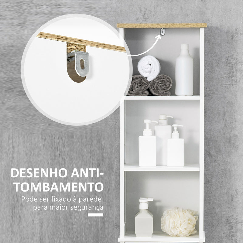 Coluna para Casa de Banho com 1 Gaveta 1 Porta 3 Prateleiras Abertas e Prateleira Interior Ajustável Móvel Auxiliar de Armazenamento para Sala de Estar Casa de Banho Dormitório 34x30x163cm Branco