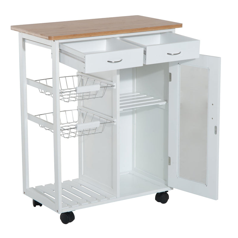 Carrinho de Cozinha de madeira com porta de vidro e 2 prateleiras e 4 rodinhas Branco 70x37x85 cm