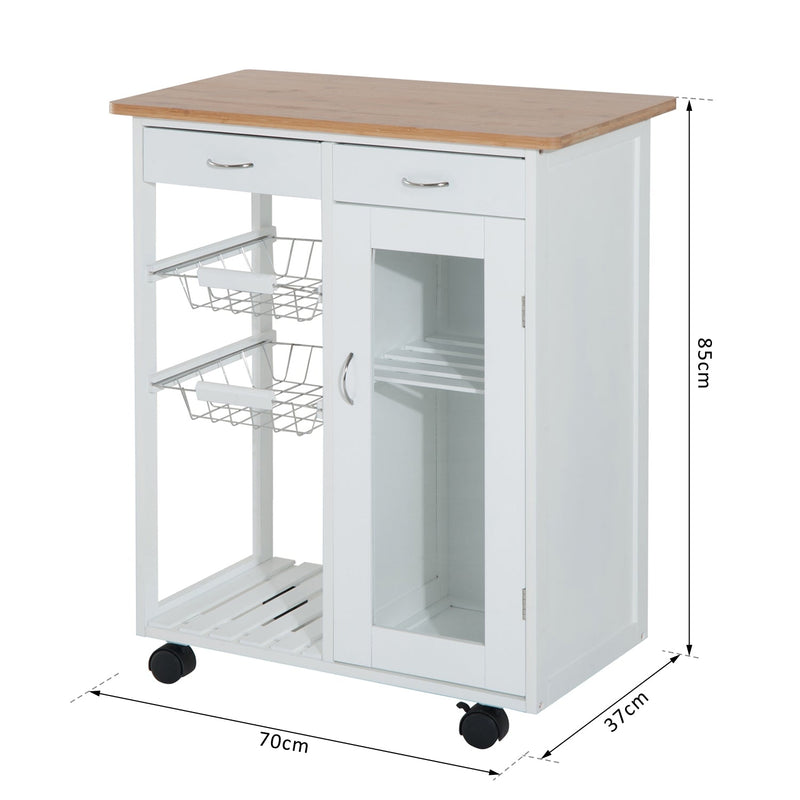 Carrinho de Cozinha de madeira com porta de vidro e 2 prateleiras e 4 rodinhas Branco 70x37x85 cm