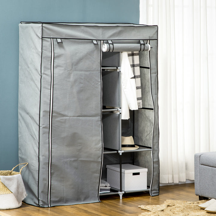 Roupeiro de Tecido Dobrável Armário Portátil com 8 Prateleiras de Armazenamento e 2 Barras de Pendurar Organizador de Roupa para Dormitório Vestidor 125x43x162,5cm Cinza Claro