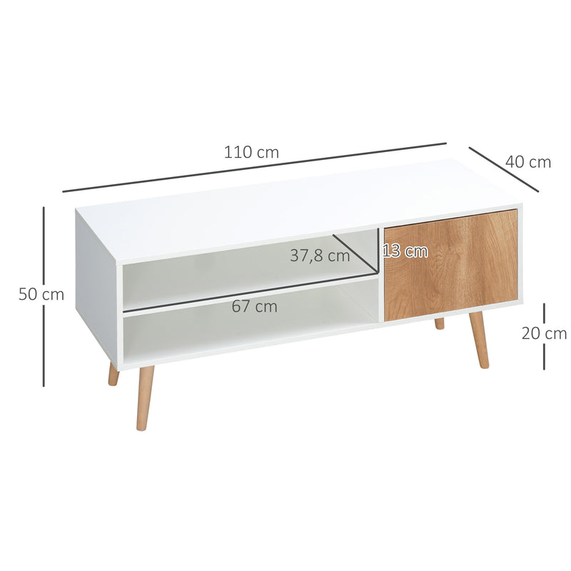 Móvel de TV Minimalista com 2 Prateleiras de Armazenamento e Armário Móvel de TV para Televisores de até 55 Polegadas para Dormitório 110x40x50cm Branco e Madeira