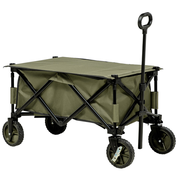 Carrinho Dobrável de com Rodas Carrinho para Praia com Guiador Telescópico Bancada Dobrável 5 Bolsas de Armazenamento Estrutura de Aço e Tecido de Oxford 108x55x93cm Verde Escuro