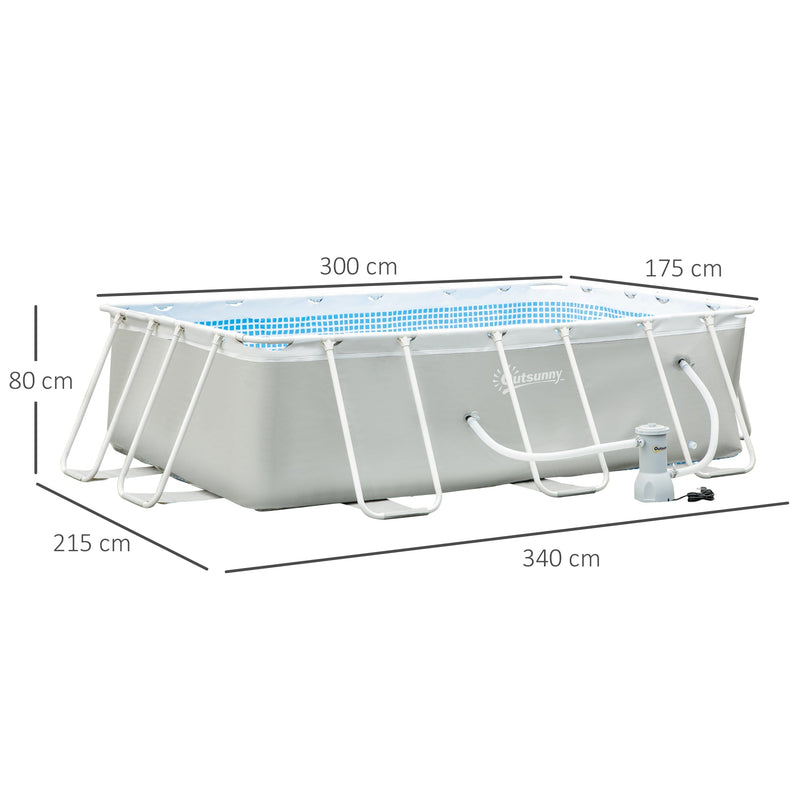 Piscina Desmontável Tubular 340x215x80cm Piscina Retangular de Exterior com Purificador 4.000L/H Mangueiras de Comprimento 100cm e Estrutura de Aço Cinza