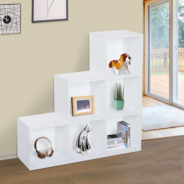 Estante de livros em Forma de Escada Armário de Arrumação 6 Cubos Estante de Exposição 91,5x29,5x91,5cm Branco