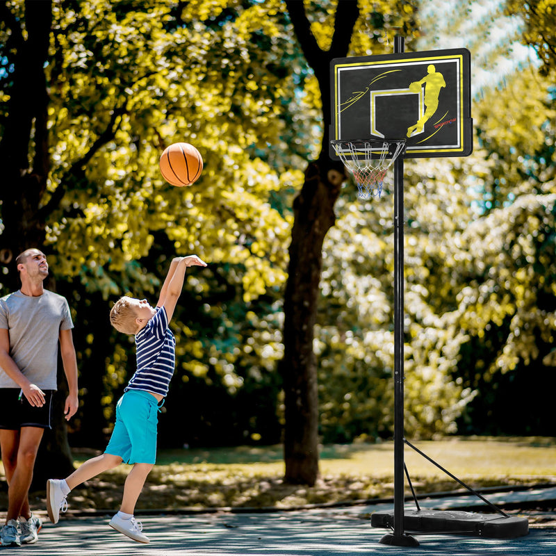 Cesta de Basquetebol com Rodas Altura Ajustável 230-305cm Cesta de Basquetebol com Suporte Tabela de PE e Base Recarregável para Exteriores 110x45x290-360cm Preto e Amarelo