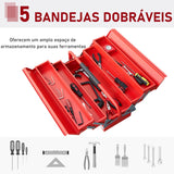 Caixa de Ferramentas de Aço Dobrável Portátil com 5 compartimentos com Alça de Transporte para Oficina Bricolagem 57x21x41cm Vermelho