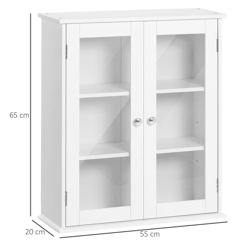 Kleanklin Armário Casa de Banho de Parede com 2 Portas de Cristal Armário Suspenso com Prateleiras Ajustáveis em Altura Multiuso para Cozinhas Sala de Estar 55x20x65cm Branco