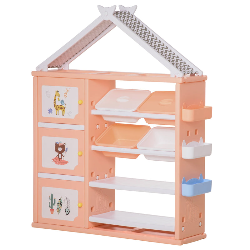 Estante Infantil de Brinquedos com Armário Prateleiras 4 Caixas e 3 Cestas Organizadoras de Armazenamento para Habitação de Crianças Sala de Jogos 128x34x155cm Laranja