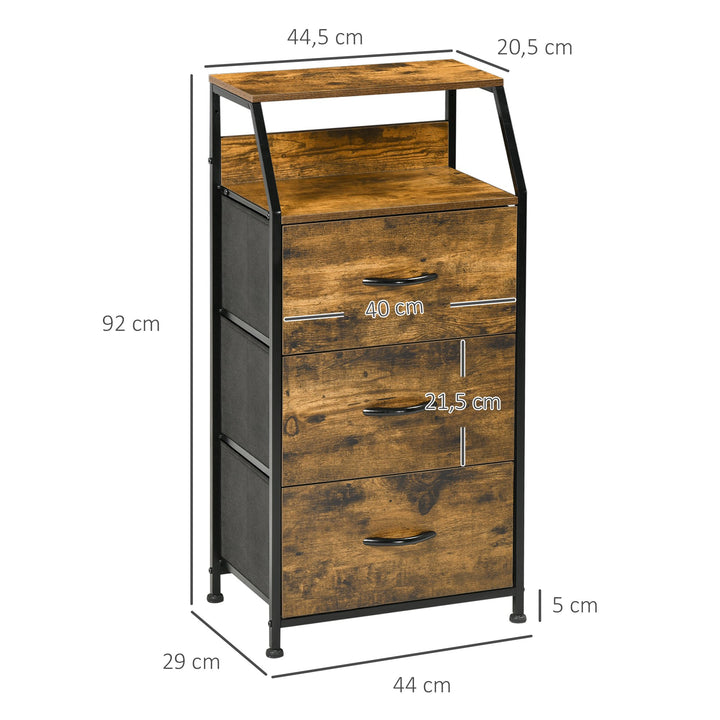 Cómoda com 3 Gavetas de Tecido Dobrável e Prateleira Aberta Móvel de Armazenamento para Escritório Dormitório Estilo Industrial Anti-Tombo 44x29x92cm Marrom Rústico