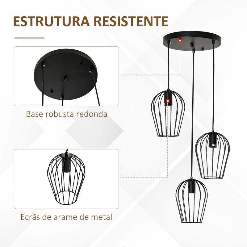 Candeeiro Suspenso Vintage Candeeiro de Teto de Estilo Industrial Candeeiro de Suspensão de Metal para Sala de Jantar Sala de Estar Ø38x145cm Preto