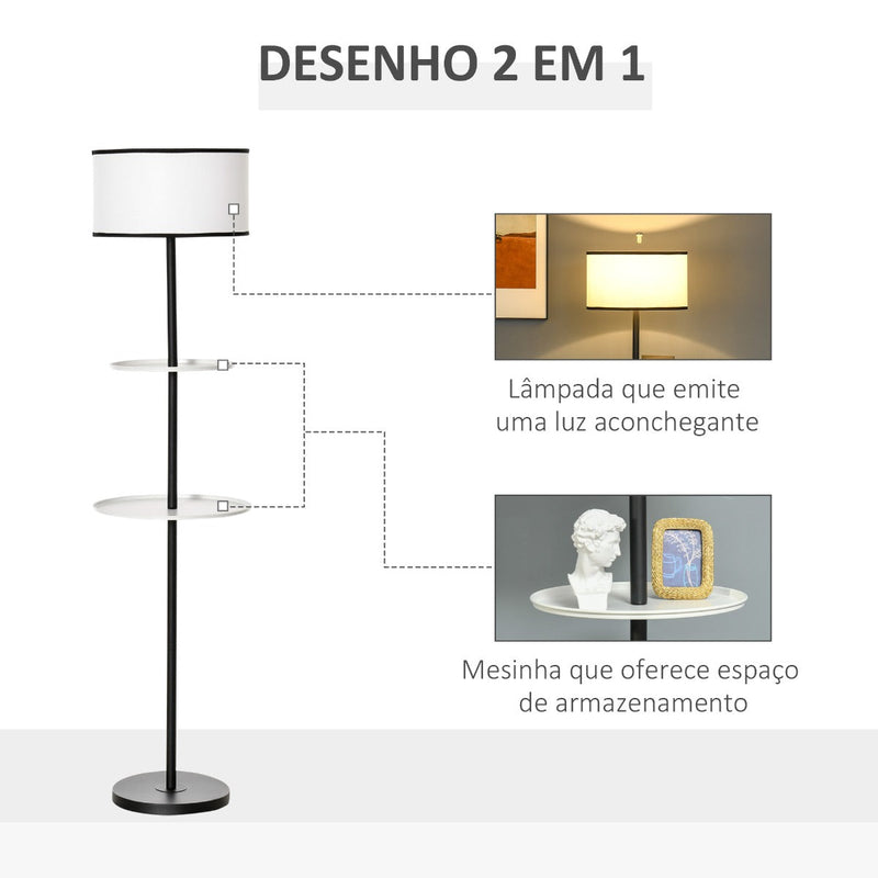 Candeeiro de Pé Moderno com 2 Mesinhas Auxiliares Suporte para Lâmpada E27 Máx. 40W e Interruptor de Pé para Sala de Estar Dormitório Estúdio Ø40x170cm Preto e Branco