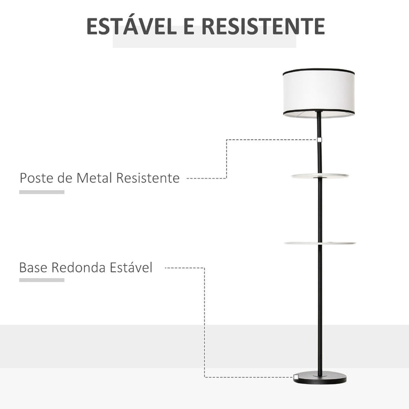 Candeeiro de Pé Moderno com 2 Mesinhas Auxiliares Suporte para Lâmpada E27 Máx. 40W e Interruptor de Pé para Sala de Estar Dormitório Estúdio Ø40x170cm Preto e Branco