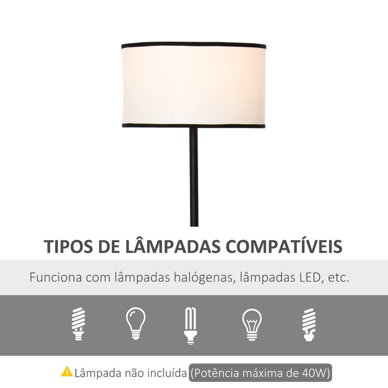 Candeeiro de Pé Moderno com 2 Mesinhas Auxiliares Suporte para Lâmpada E27 Máx. 40W e Interruptor de Pé para Sala de Estar Dormitório Estúdio Ø40x170cm Preto e Branco