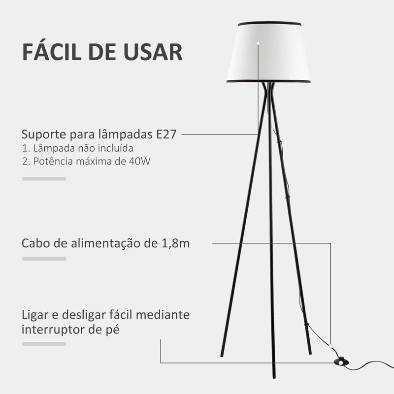 Candeeiro de Pé para Sala de Estar com Tripé de Metal Ecrã de Tecido Suporte para Lâmpada E27 Máx. 40W e Interruptor de Pé Desenho Moderno para Dormitório 50x50x170cm Branco e Preto