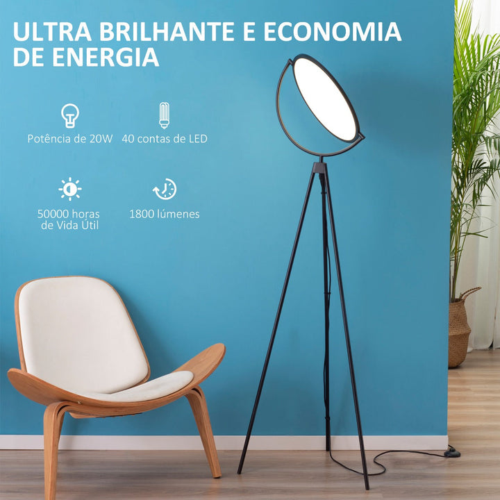 Candeeiro de Pé Moderno Candeeiro de Pé com Luz LED de 20W Ecrã Giratório Tripé de Metal e Interruptor de Pé para Sala de Estar Dormitório Escritórios 60x60x163cm Preto