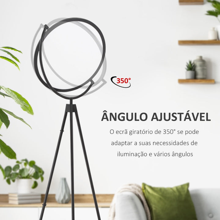 Candeeiro de Pé Moderno Candeeiro de Pé com Luz LED de 20W Ecrã Giratório Tripé de Metal e Interruptor de Pé para Sala de Estar Dormitório Escritórios 60x60x163cm Preto