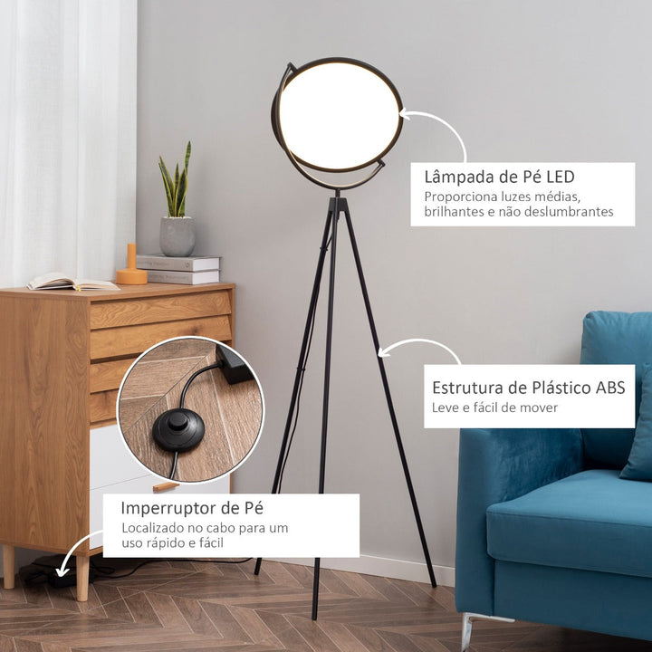 Candeeiro de Pé Moderno Candeeiro de Pé com Luz LED de 20W Ecrã Giratório Tripé de Metal e Interruptor de Pé para Sala de Estar Dormitório Escritórios 60x60x163cm Preto