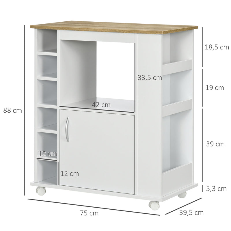 Móvel Auxiliar de Cozinha com Rodas Móvel Buffet de Cozinha com Porta Compartimentos de Armazenamento Móvel Auxiliar para Microondas de Estilo Moderno 75x39,5x88cm Branco e Carvalho