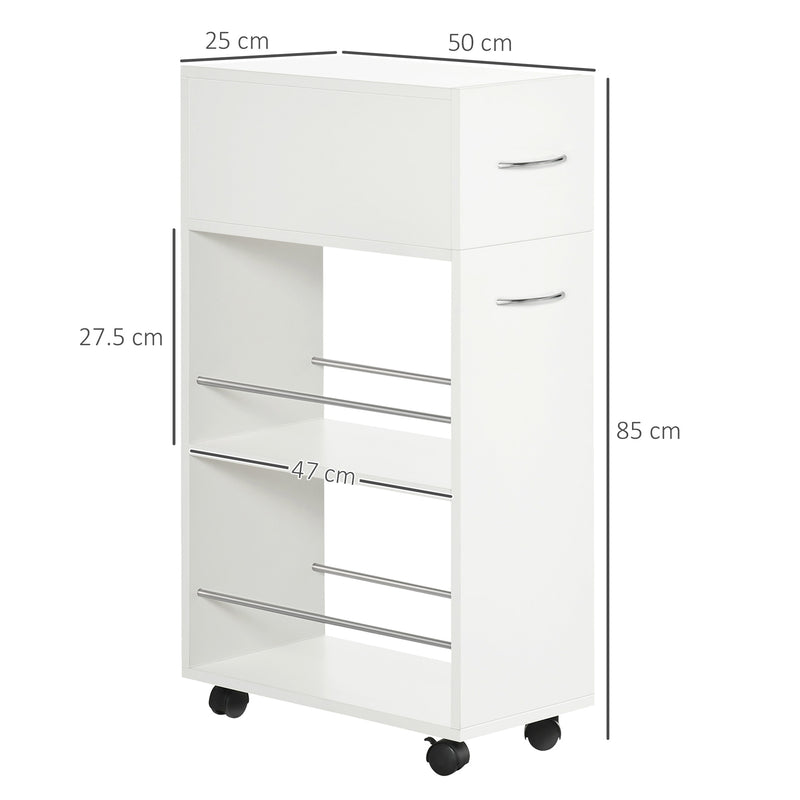 Carrinho de Cozinha com 1 Gaveta e 2 Prateleiras Abertas Carrinho de Cozinha Auxiliar cm Rodas para Sala de Jantar Casa de Banho 25x50x85cm Branco