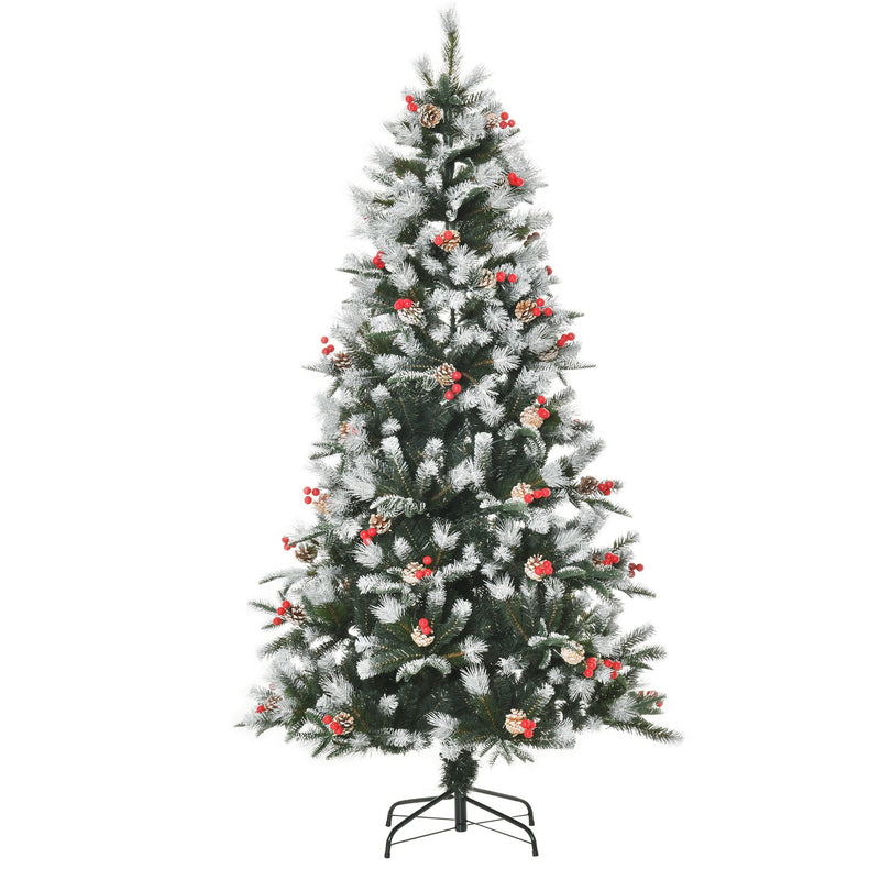 Árvore de Natal Artificial 180cm com 678 Ramas 53 Pinhas e 53 Frutinhas Folhas de PVC PE Base Dobrável e Suporte Metálico Decoração de Natal para Interiores Verde