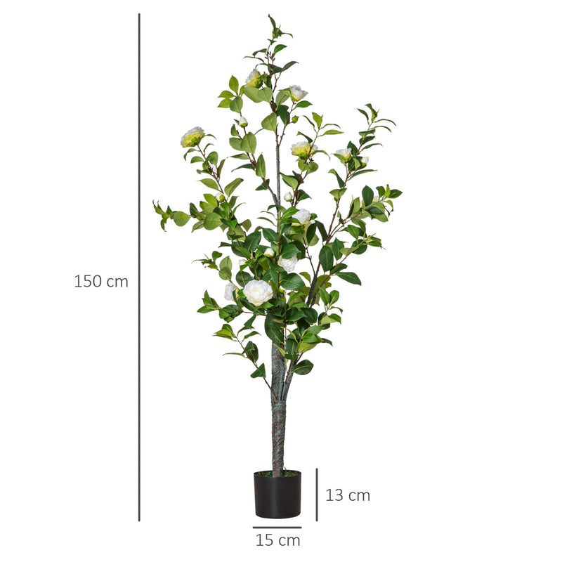 Camélia Artificial Planta Sintética de 150cm com Vaso de Cimento 285 Folhas Realistas e 25 Flores de Tecido Decoração para Casa Escritório e Exterior Verde