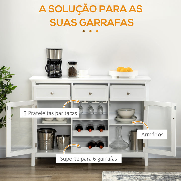 Aparador de Cozinha com 2 Portas de Vidro Suporte para 6 Garrafas e Suporte para 15 Taças Móvel Buffet para Sala de Jantar Sala de Estar Estilo Moderno Anti-Tombo 120x40x87cm Branco