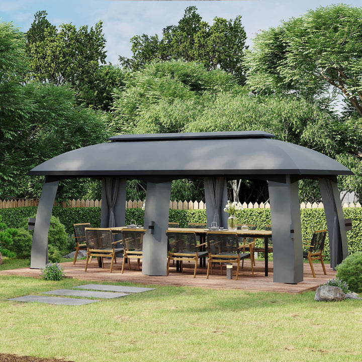 Pérgola de Jardim 3x6m Pérgola de Exterior com Teto Duplo 6 Cortinas Laterais 6 Telas Mosquiteiras com Zíper e Estrutura de Metal para Festas Eventos Pátio Cinza Escuro
