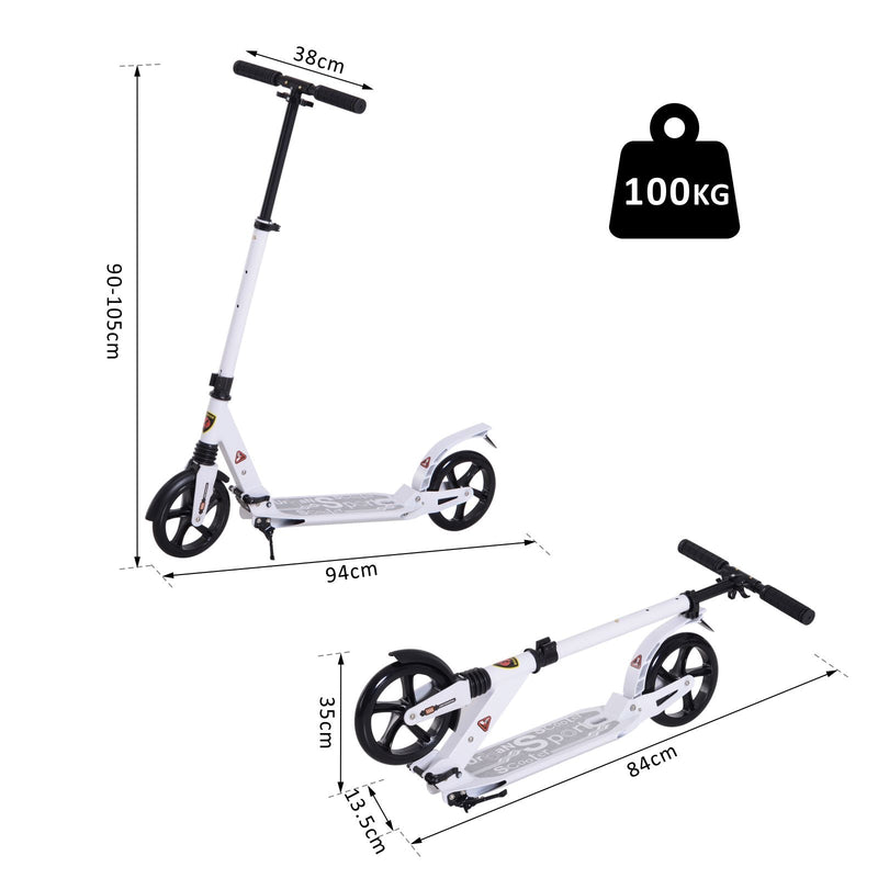 Trotinete dobrável altura ajustável e guiador para adultos e crianças acima de 14 anos com rodas grandes e freio Carga 100kg branco