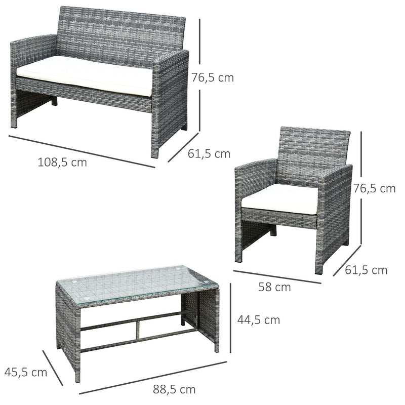 Conjunto Móveis de Jardim de Vime Conjunto de 4 Peças Incluindo 1 Sofá de 2 Lugares 2 Poltronas e 1 Mesa de Centro com Bancada de Vidro para Varanda Cinza