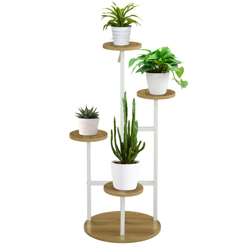 Suporte para Plantas Prateleiras para Plantas de 4 Níveis Suporte para Vasos de Plantas com Estrutura de Aço para Interior e Exterior 40x40x95,5cm Madeira e Branco