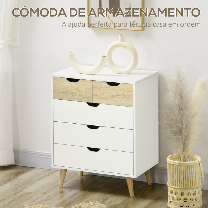 Cómoda com 5 Gavetas e Pés Elevados Cómoda para Dormitório Sala de Estar Estilo Moderno Anti-Tombo 60x40x77,5cm Madeira e Branco