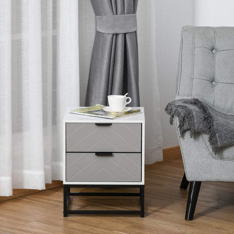 Mesa de cabeceira com 2 gavetas e base elevada de metal Estilo moderno e minimalista 39,5x40x48 cm Branco e cinza