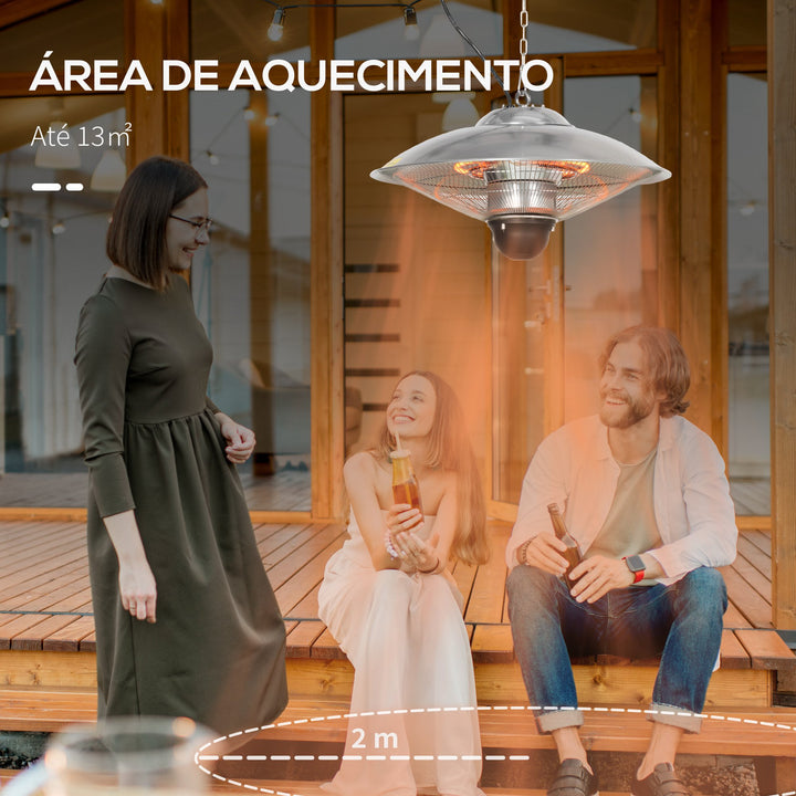 Aquecedor de Jardim Elétrico 1010W/1200W Aquecedor de Exterior de Teto de Infravermelho com Controlo Remoto 2 Níveis de Calor Proteção IP44 para Terraço Pátio Ø58,5x33cm Prata
