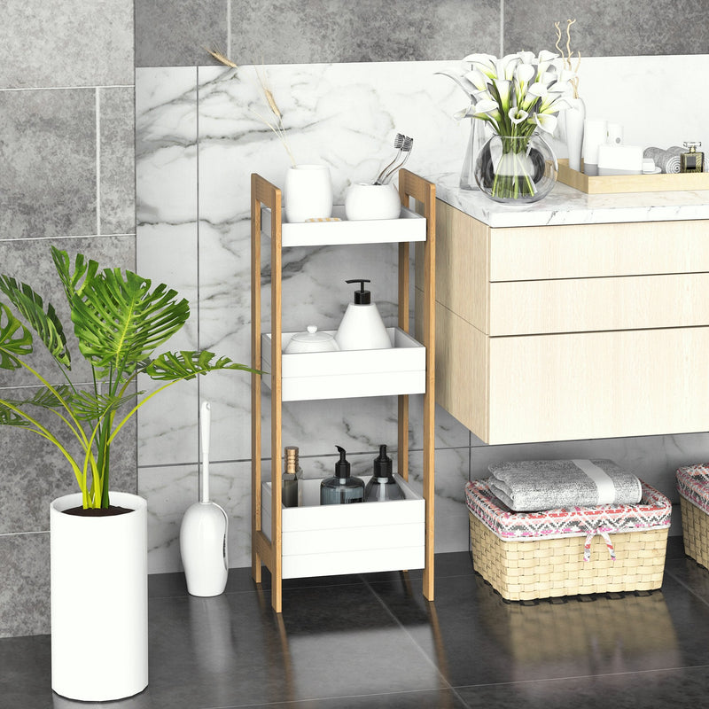 Móvel Auxiliar de banheiro com 3 Prateleiras Organizadoras de Bambu 27,5x20,8x74 cm Cor Branco e Natural