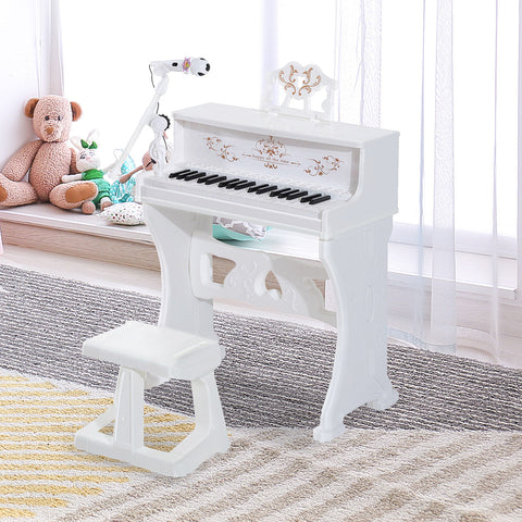 Piano Elétrico Infantil de 37 Teclas Conjunto de Piano com Microfone Banco Luzes e 22 Canções USB/MP3/Bluetooth Karaokê 53,5x27x63cm Branco