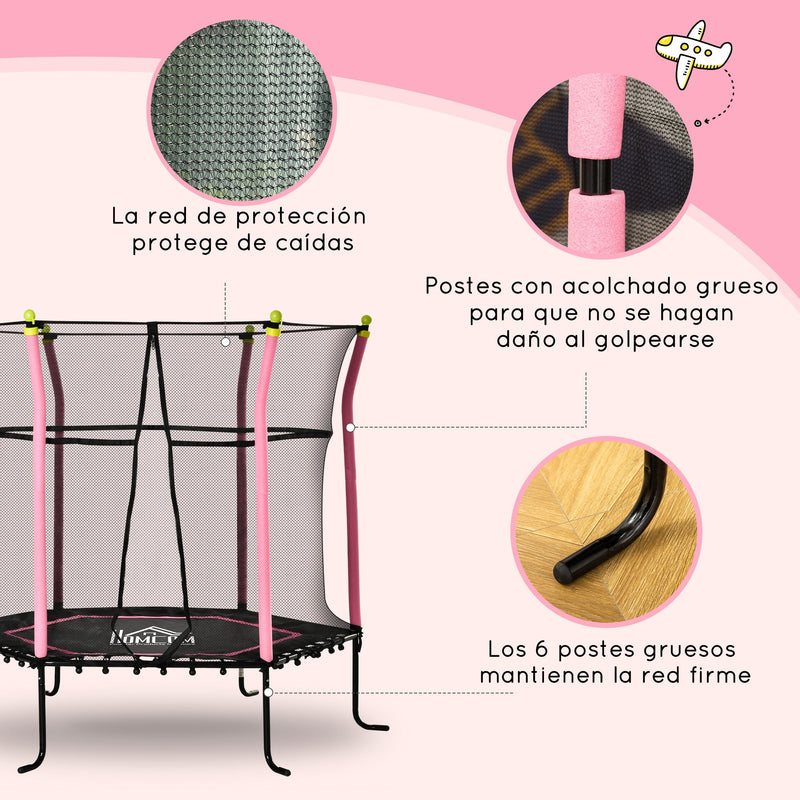 Trampolim para Crianças acima de 3 Anos Cama Elástica Infantil com Rede de Segurança e Estrutura de Aço para Interiores e Exteriores Carga 60kg Ø161x163 cm Rosa