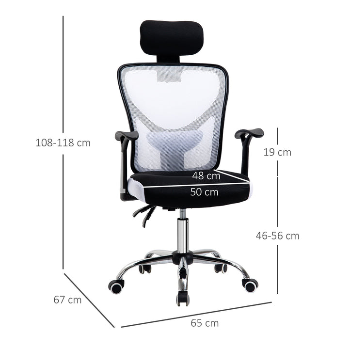 Cadeira de Escritório Ergonômica Cadeira de Escritório Giratória com Altura Ajustável Função Reclinável Apoio para a Cabeça e Suporte Lombar 65x67x108-118cm Branco