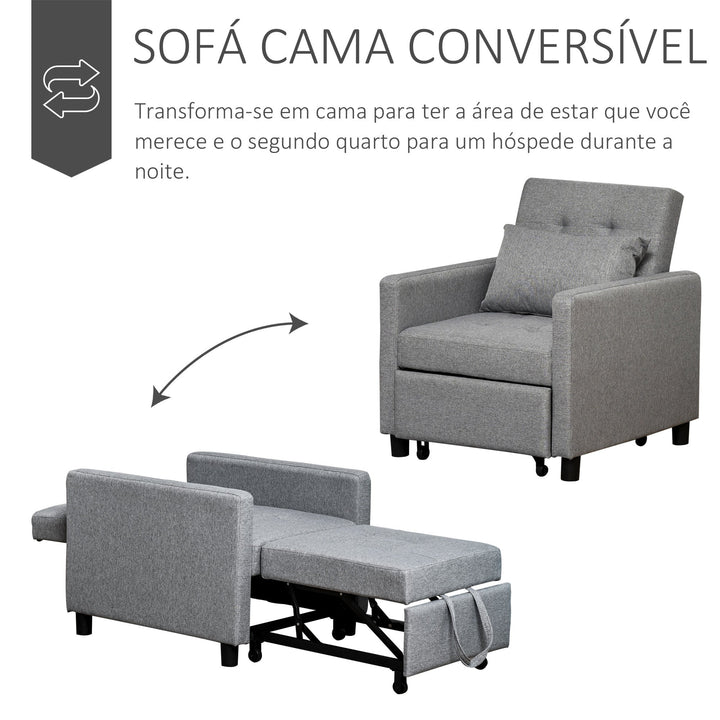 Sofá-cama Individual Poltrona com encosto reclinável Almofada removível Assento acolchoado e 4 rodas 69x77x84 cm Cinza