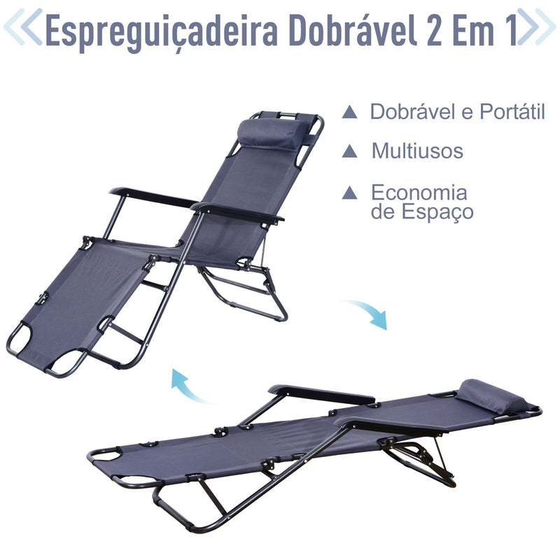 Espreguiçadeira Reclinável Dobrável com Encosto Ajustável Apoio de Braço e Apoio para os Pés Carga 136 kg 135x60x89cm Cinza