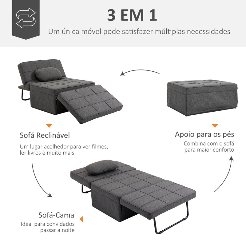 Sofá Cama Individual 3 em 1 Estofado em Linho Sofá Reclinável em 5 Posições com Apoio para os Pés e Apoio para a Cabeça para Sala de Estar Carga Máxima 200kg 95x189x43cm Cinza