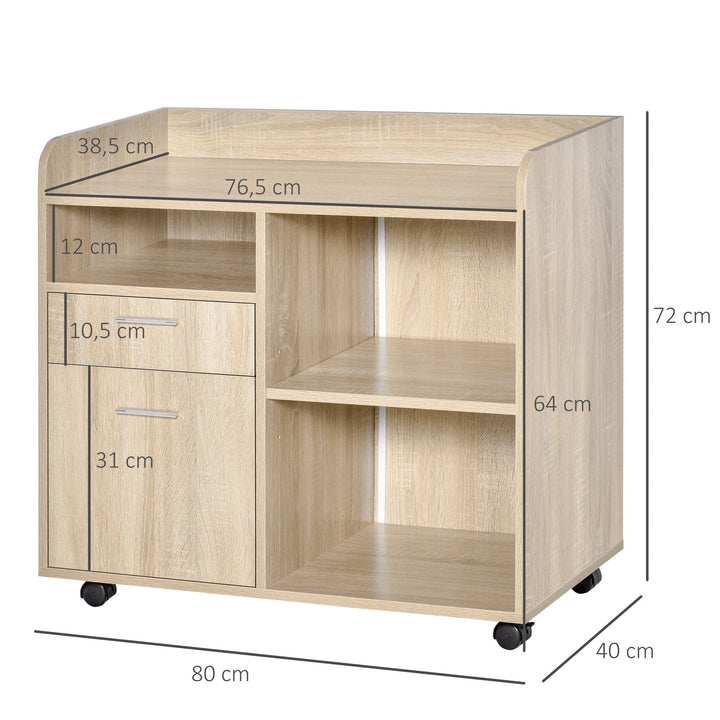 Armário para Impressora Armário Multifuncional de Escritório com 3 Compartimentos 2 Gavetas para Arquivos Prateleira Ajustável 2 Rodas com Freios 80x40x72cm Carvalho