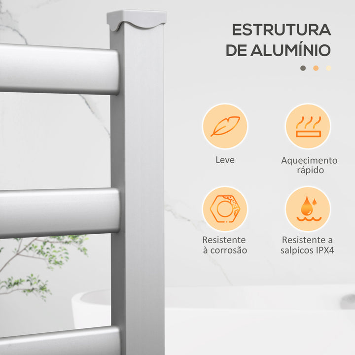 Toalheiro Elétrico para Casa de Banho 140W IPX4 Aquecedor de Toalhas Parede ou Chão com 6 Barras Liga de Alumínio 90x36x69cm Prata